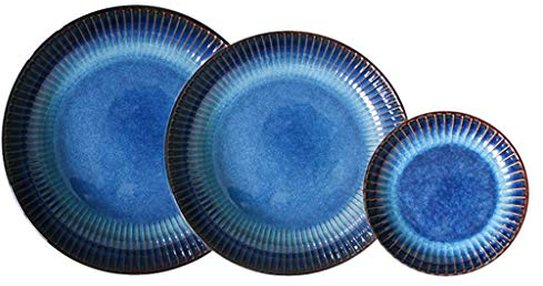 TRQZNLEP Piatti Piani in Ceramica, 12 Pezzi Cat's Eye Blue Set di Piatti per Pasta e Piatti Fondi Professionali in Porcellana Gourmet - Piatto Zuppa da Portata a Righe per Ristorante