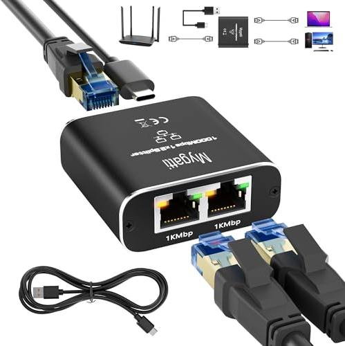 Mygatti LAN RJ45 Splitter da 1 a 2(RJ45-2 RJ45),Switch Ethernet 2 Porte 1000Mbps(Lavora allo Stesso Tempo),con Cavo di Alimentazione USB-C,per Computer,HUB,Switch,Router,Set-Top Box,TV e Altro