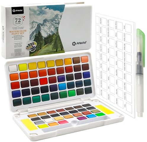 Artecho Aquarellfarben Set 72 Farben in Tragbarer Box, Mit Wassertankpinsel, Aquarell für Reisen, Wasserfarben für Künstler und Hobbymaler