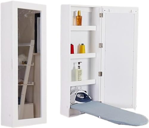 Planche à repasser murale pliable avec miroir de maquillage et casier pour un rangement facile, facile à rétrécir et à utiliser haut de gamme (couleur : blanc)