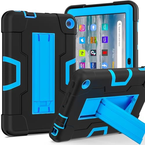 Tablet-Schutz Schutzhülle kompatibel mit Kindle Fire 7 2022, Tablet-Silikonhülle mit Ständer, robuste, stoßfeste Schale, robuste Schutzhülle, kompatibel mit Kindle Fire 7 Hülle Tablet-Zubehör(Black+Bl