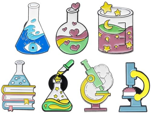 SUNNYCLUE 1 Box Mit 7 Wissenschafts Anstecknadeln Chemie Anstecknadeln Metalllegierung Emailliert Cartoon Schule Wissenschaftler Thema Schule Studium Labor Flasche Buch Anstecknadel Für Tasche Kleidun