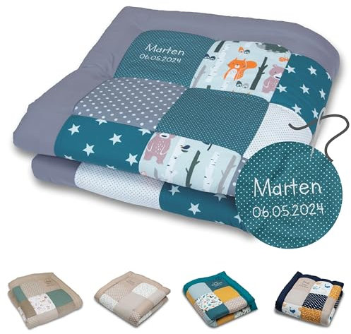 ULLENBOOM Krabbeldecke für Baby mit Personalisierung, 100% OEKO-TEX Materialien, Waldtiere Petrol 120x120 cm - Babydecke mit Namen und Datum, ideal als Spieldecke und Geschenk zur Geburt