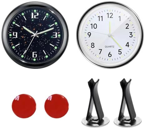 Car Clock, 2 Stück Auto Mini Uhr, Uhr für Auto Armaturenbrett, Leuchtende Analogue Auto Uhr, Mit Doppelseitigem Aufkleber und Lüftungsclip für Auto Innendekoration kleine Wanduhr(Weiß + Schwarz)