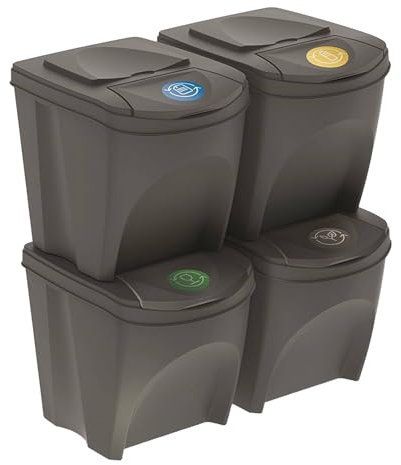 WELL HOME - Set de 4 cubos de basura - papelera de reciclaje gris de 4x 25L