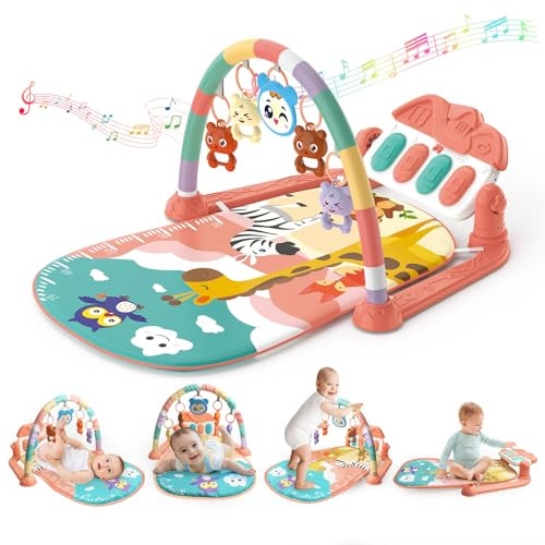 KalaDuck Tapis d'éveil Bébé 0-6 Mois, Tapis de Jeux Bébé avec Hochets et Musique de Piano Réglable, Coussin d'activité Motricité Bébé, Jouet Tapis Sensoriel Bébé 6-12 Mois (Rose)