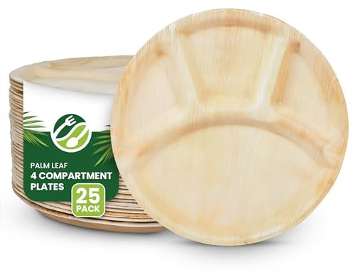 Eco Leaf 12 Round Palm Leaf Plates with 4 Compartments - Pack of 25, Biodegradable & Compostable Disposable Portion Control Food Trays, Eco-Friendly for Parties, Picnics & Weddings