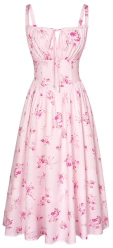 Ladies Summer Dress Women's Casual Elegant Long Rose Pink Floral Dresses Spaghetti Strap Swing Flowy Dresses M