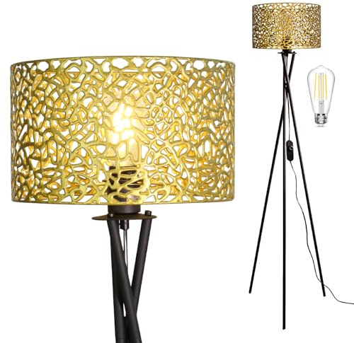 Osasy Dreibein Stehlampe mit Goldenem Durchbrochenem Schirm, Dimmbar | Stehleuchte E27 Fassung, LED, Skandinavischer Stil, Für Wohnzimmer und Büro