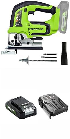 Greenworks GD24JS Cordless Jigsaw 3000spm with Adjustable Base + Vacuum Attachment + 24V 2Ah Battery & Charger + 3 Year Guarantee