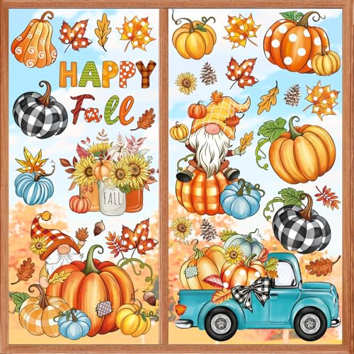 wondever Fenstersticker Herbst Kürbis Fenster Aufkleber Erntedankfest Blaues LKW Zwerge Fensterbilder Fensteraufkleber Anti-Kollision Doppelseitig Glasaufkleber Glas Deko
