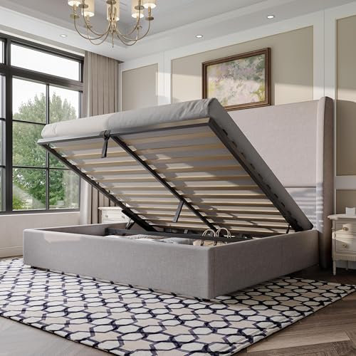 LUXOAK Hydraulisch Stauraumbett Doppelbett mit 120cm Flügel-Kopfteil, Massivholzlatten Polster Bettgestell, schnelle Montage, Leinenstoff, Ohne Matratze (Grau, 140 x 200 cm)