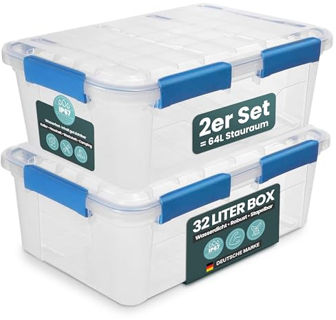 Kreher® Wasserdichte Aufbewahrungsbox mit Deckel und Silikondichtung (IP67). Aus robustem Kunststoff in verschiedenen Größen. Ideal für feuchte Räume, Keller, Garage, Camping uvm. (2, 32 Liter)