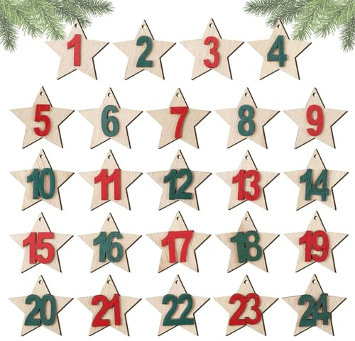 BOFUNX 1-24 Adventskalender Zahlen Anhänger Holz Adventskalender Holzzahlen Holzanhänger DIY Countdown Kalender Weihnachtskalender Geschenke Anhänger