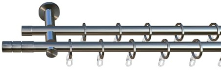 tilldekor Gardinenstange nach Maß, Alicante, 2-Lauf, Edelstahl-Optik 20 mm Durchmesser, Wunschmaßlänge 390 cm inkl. Trägern,Endstücken, Ringen und Faltenlegehaken