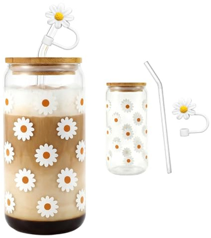 xianynow Aesthetic Glass 16 OZ, Flower Glass Cup with Lid and Straw – Ideal for Iced Coffee, Smoothies, and More – Daisy Pattern Design for a Chic Touch