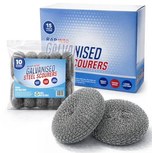 150 Galvanized Steel Scourers W90 70g Heavy Duty Large Wire Scouring Pads | Bulk catering pack, tackles burnt on grease and tough stains on grills, barbecues, pots, pans and oven racks