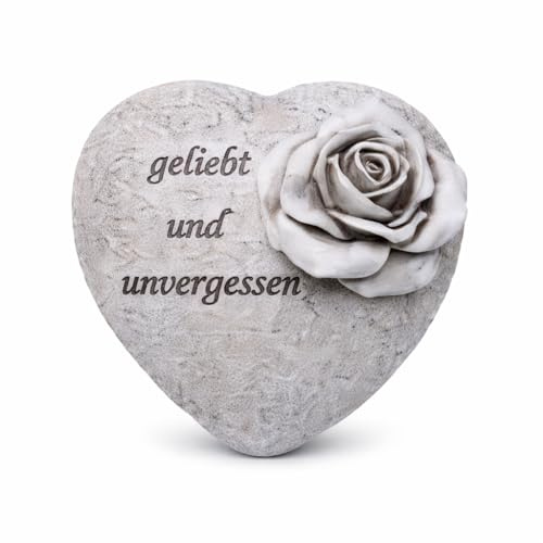 Logbuch-Verlag Grabdeko Herz mit Rose und Schriftzug „geliebt und unvergessen“ – Antik Grau – Gedenkstein 11x8x10 cm für Friedhof oder Trauerdeko