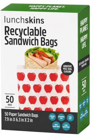 LunchSkins RB-50-SAND-APPLE Recyclable + Resealable Paper Food Storage Bags Sandwich Size, Box of 50, Red Apple