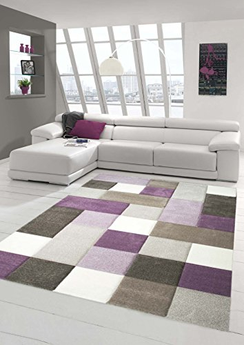Designer und Moderner Teppich Pastell Farben in Karo Muster Lila Creme Beige Größe 200 x 290 cm