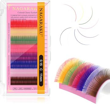 NAGARAKU Pestañas Individuales Clásico 1:1 Pestañas Postizas Pelo a Pelo Arcoíris Coloridas 8 Mixtos Del Arco Iris Extension Pestañas 16 Filas Colorful Single Individual Eyelash (0.15 C Curl 11mm)