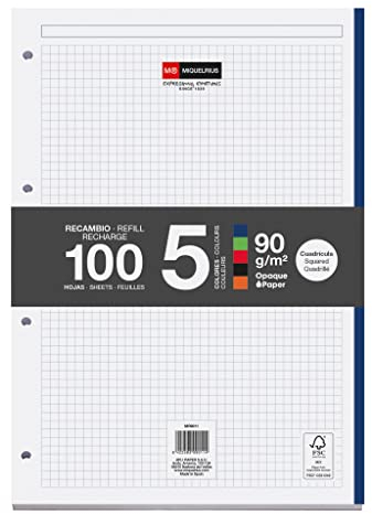 Miquelrius 1 Nachfüllpack A4 100 Blatt und Streifen in 5 Farben, Raster, 90 g