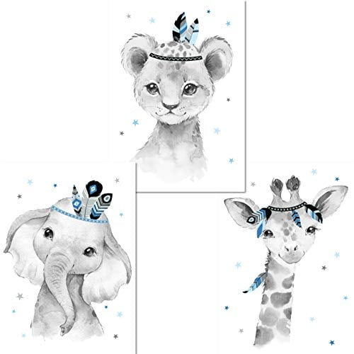 LALELU-Prints | A4 Bilder Kinderzimmer Poster | Zauberhafte Indianer-Tiere Boho Feder blau | Babyzimmer Deko Junge | 3er Set Kinderbilder (DIN A4 ohne Rahmen)