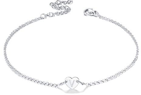 FaithHeart Bracelet de Cheville pour Femme,Chaîne de Pied avec Charme Coeur Gravé Lettre V en Acier Inoxydable 316L Tendance pour Plage Chaîne de Cheville Ajustable 22 à 27cm pour Femme et Fille