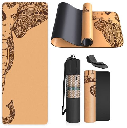 Esterilla de Yoga de Corcho Antideslizante - Alfombra para Entrenamiento de Gimnasia,sin sustancias nocivas, para Yoga y Pilates - Colchoneta de 183 x 61 CM-con Correa de Transporte-Elefante (black)