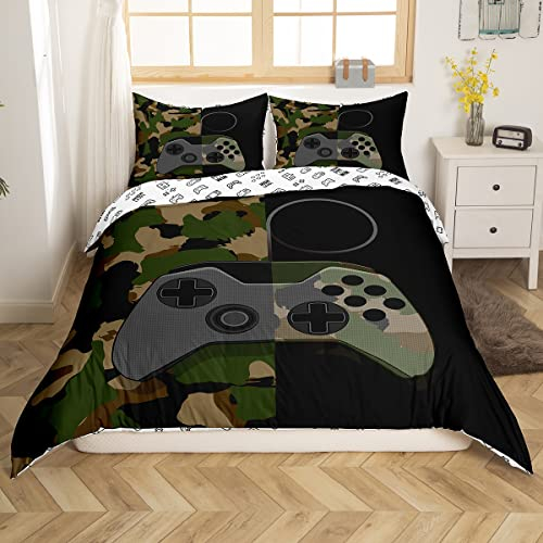 Spieler Bettwäsche Set Teens Jungs Tarnung Gamepad Gedruckte Bettdecke Army Grün Videospiele Dekor Spieler Spielen Bettbezug für Erwachsene Mädchen Kinder Camo Spielkonsole Muster Bespread, 135x200