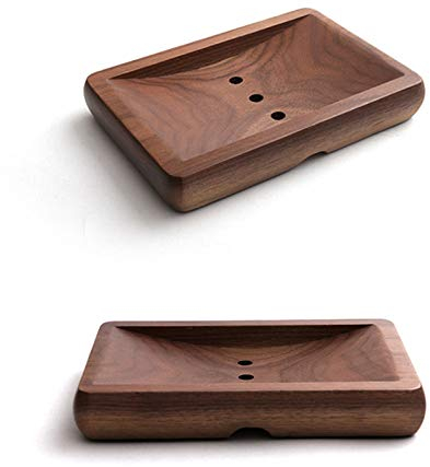 IMFILM Seifenschalen aus Holz mit Abtropfschale, Seifenschale aus schwarzem Walnussholz, Seifenschale, Seifenschale, Seifenschoner, für Dusche, Badezimmer, Küche, 2 Stück