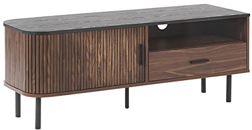 Meuble TV Buffet Effet Bois Foncé avec Tiroir et Rideau Coulissant sur le Côté Style Rétro et Vintage Idéal pour Salon Contemporain Beliani