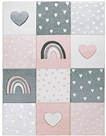 TT Home Teppich Kinderzimmer Kinderteppich Regenbogen Punkte Herz Kurzflor Pastell, Farbe: Grau Rosa Beige, Größe:120 cm Rund