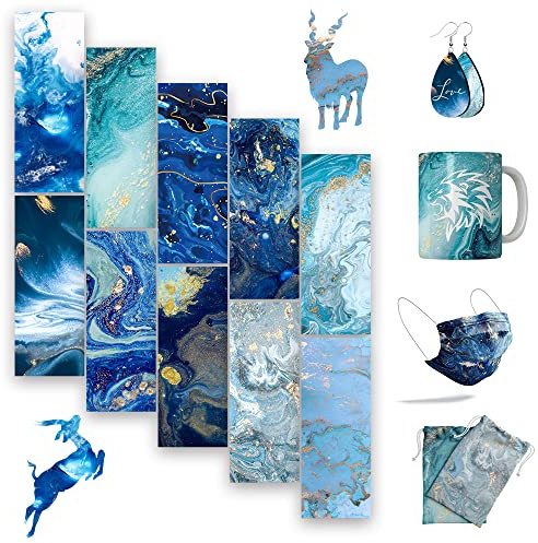 LUCKIGUCK Infusible Transfer Ink Sheets 10 Pièces/ensemble, Heat Press Feuilles D'encre De Papier Transfert 11,5 X 30,5 Cm, Pre-printed Sublimation Paper for Mug (MARBRE BLEU)