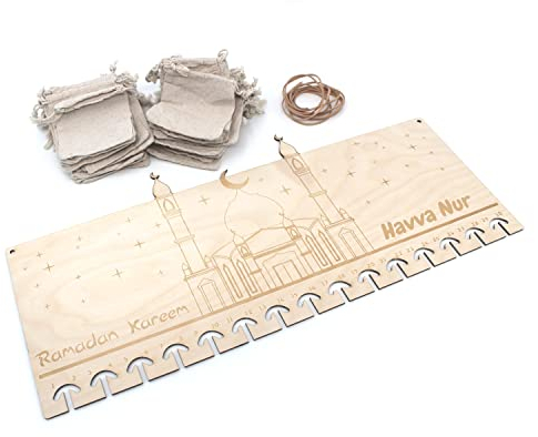 Ramadan Kalender aus Holz personalisiert mit Namen, Ramadankalender für Kinder Süßigkeiten, Ramazan Zuckerfest, Ramadan Kareem, Eid Mubarak, Moschee mit Mond