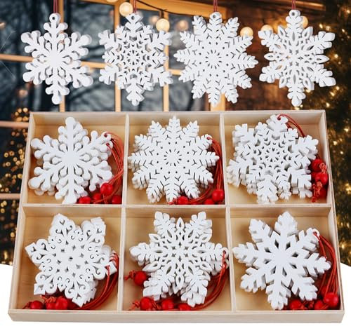 HOUISM Wooden Christmas Ornaments White, 24PCS Christmas Hanging Snowflake Ornaments for Crafting, Wood Snowflakes for Kids DIY Craft, Unifinishied Wood Craft to Paint for Xmas Tree Pendants