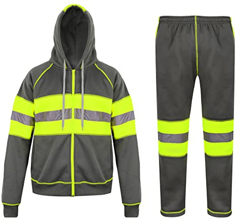 Parsa Fashions Hi Vis Grey Tracksuit Mens High Visibility Reflective Tape Band Safety Tracksuit Hooded Top Lightweight Sizes Small to 3XL