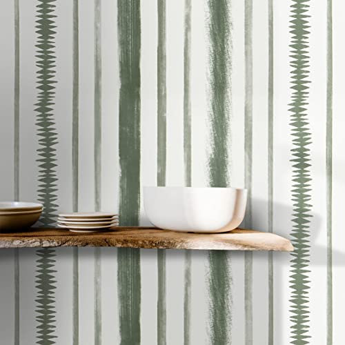 Timeet Peel and Stick Wallpaper Dark Green and White Stripes Wallpaper 17.3×393.7 Line Stripe Contact Paper Removable Self Adhesive Wallpaper for Bedroom Bathroom Decor