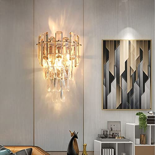 Sxtiger Kristall Wandleuchte, Moderne E14 Luxus Kristall Wandlampe Innen, für Wohnzimmer Schlafzimmer Küche Flur Treppen Restaurant Hotel Beleuchtung (Golden)