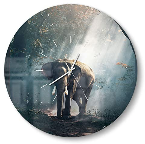 DEQORI Glasuhr | rund Ø 50 cm | Motiv Elefant im Wald | große XXL Design Uhr aus Glas | leise Wanduhr für Wohnzimmer & Küche | Moderne Hingucker Uhr für die Wand