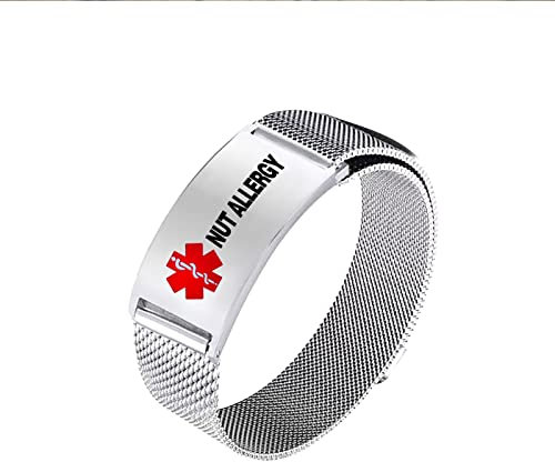 KunBead Jewelry NUT ALLERGY Medical Alert Bracelets for Women Adjustable Stainless Steel Emergency Awareness Medical ID Bracelet Mens Wristband
