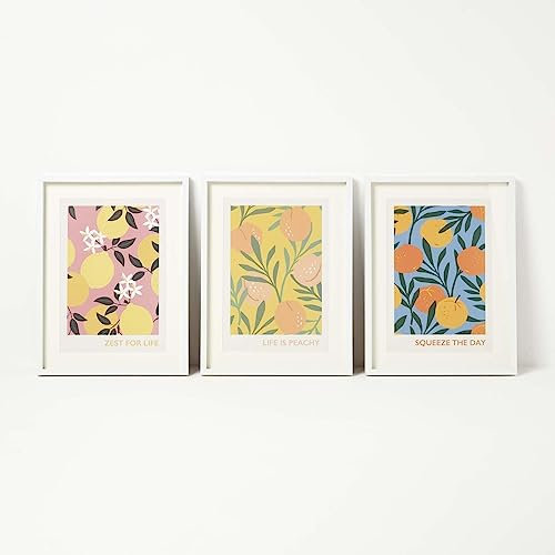 HOMESCAPES Set of 3 Lemon Orange and Peach White Framed Wall Art Modern Fruit Tree Artwork Pastel Prints For Living Room and Hallway