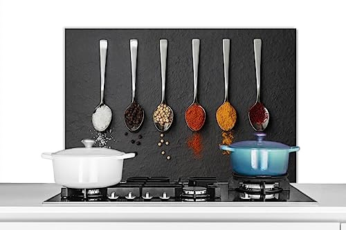 KitchenYeah© Küchenrückwand Platte Spritzschutz Küche Deko Aluminium Platte | 90x60 cm - Spritzschutz Herd Alternative für GlasplatteGewürze - Löffel - Tisch - Rustikal - Kräuter