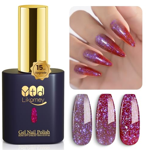YTD Likomey UV Nagellack Farbwechsel Thermo Farbgel,15ml Lila Datum Rot Mehrfarbige Pailletten Gel Chamäleon Shellac Nagelgel UV/LED Color Change Gellack Gel Nail Polish