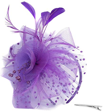 Fascinator Hut Damen Hochzeit Kopfschmuck Hüte Hat Clip Schleier Stirnband Tea Party Kopfbedeckung Blumen Mesh Federn Clip für Party Kirche Cocktail Club Lila
