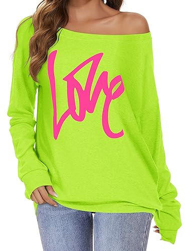 Women's Long Sleeve Tops One Off Shoulder Jumper Sweater Graphic T Shirt Blouse Neon Clothes(Lime Green, XL)