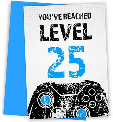 Gamer-Geburtstagskarte zum 25. Geburtstag für Männer, Schwarz & Blau erreicht Stufe 25 Geburtstagskarten für Sohn, Enkel, Neffe oder Bruder. Gaming Happy Birthday Karte für 25 Jahre alten Mann