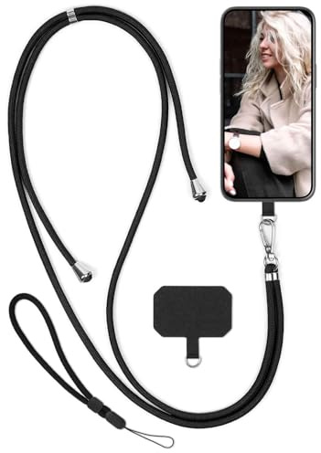 moex Unleash für Xiaomi 13 Lite Handyband zum Umhängen ohne Hülle, Handykette Universal mit Karabiner, Handy Band abnehmbar, Kette mit Pad für Handyhülle, Schwarz, Silber