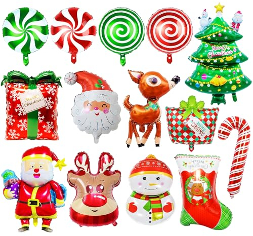 Dvaorc Paquete de 14 globos de aluminio de Navidad, decoraciones de fiesta de Navidad, Papá Noel, reno, muñeco de nieve, bastón de caramelo, decoración de globos para árbol de Navidad (XMASB-1)