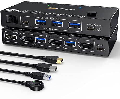 Dual Monitor DP KVM Switch, MST 2 Ein 2 Aus Displayport USB3.0 KVM Umschalter Unterstützt Extend und Mirror Modi, HDMI und DP Monitorausgang für 2 Computer, teilen sich 2 Monitore